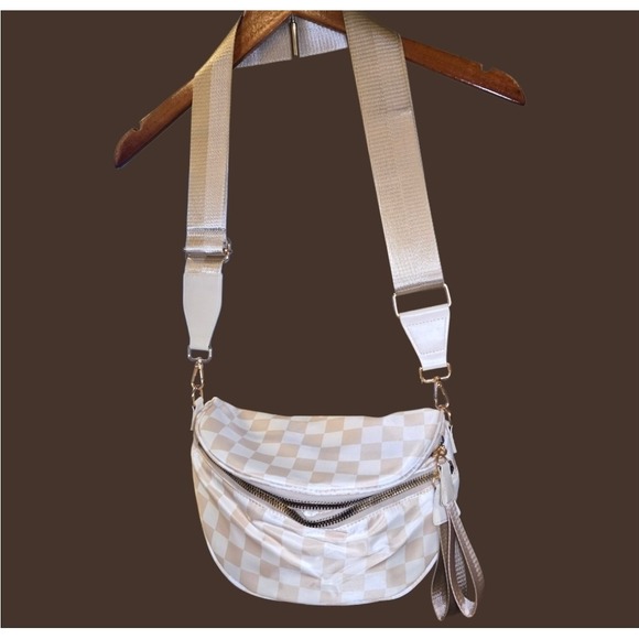 Beige Checkered Crossbody Bag Nylon Gold Hardware Adjustable Wide Strap Bum... - Picture 6 of 13